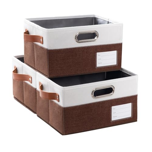 Foldable Storage Bins with Handles [3-Pack] Fabric Collapsible Storage Boxes Baskets Cubes Containers with Handles for Closet Living Room Bedroom (Brown & White 11.5x8.5x6.7'') - color: Brown & Cream, size: Medium(3-Pack)