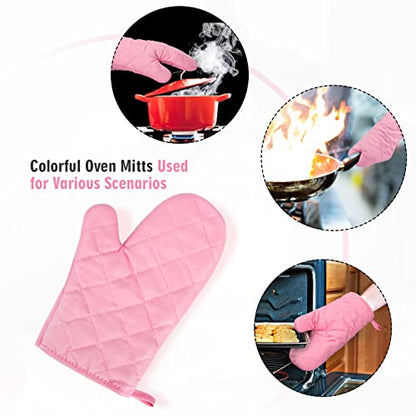 Heat Resistant Thick Cotton Oven Mitts Set, Soft Quilted Lining, Strong Grip Potholders for Hot Pans and Oven, Kitchen Mitt Pair Protect Hands, Cooking Baking BBQ Gloves, 11 Inch, Pink