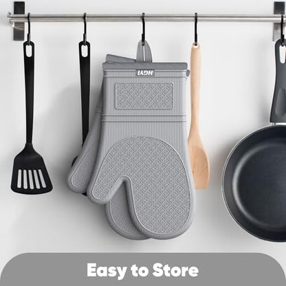 Silicone Oven Mitts, Heat Resistant Oven Gloves with Quilted Liner, Waterproof & Non-Slip Kitchen Mittens for Baking Cooking BBQ, 500°F, 12.5"-Light Gray - color: Light Gray
