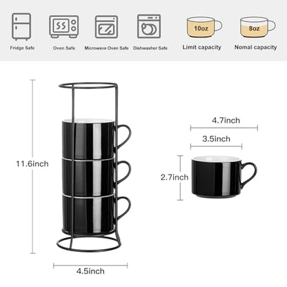 10oz Porcelain Stackable Coffee Mugs and Metal Stand Set of 4, Espresso Cups Set for Hot Drinks, Cappuccino, Tea-Black - color: Black
