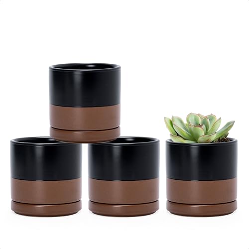 D'vine Dev 4-Pack Ceramic Pots with Saucers, Black/Tan, 3.5 in, 94-X-A-7 | Glazed Ceramic, Drainage Hole and Saucer, Sleek Cylinder Shape, High Temperature Fired, Ideal for Small Houseplants - color: Black/Speckled Tan, size: 3.5 Inch