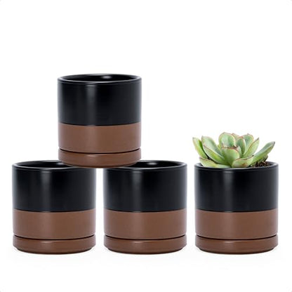 D'vine Dev 4-Pack Ceramic Pots with Saucers, Black/Tan, 3.5 in, 94-X-A-7 | Glazed Ceramic, Drainage Hole and Saucer, Sleek Cylinder Shape, High Temperature Fired, Ideal for Small Houseplants - color: Black/Speckled Tan, size: 3.5 Inch