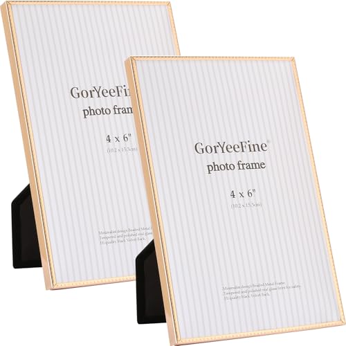 4x6 inch Gold Metal Picture Frames 2pack,Thin Edge Beading Minimalist Design Photo Frame 6x4'' with HD-Tempered Glass -Velvet Back,Tabletop & Wall Mount - color: Gold, size: 4x6''(2PK)