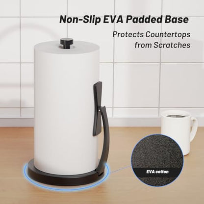 VEHHE Paper Towel Holder Countertop, One-Handed Tear, Stainless Steel, Stand Paper Towel Holder with Spring Activated Arm & Non Slip Weighted Base, for Kitchen Bathroom (Black) - color: Black, size: Eva Pad Base