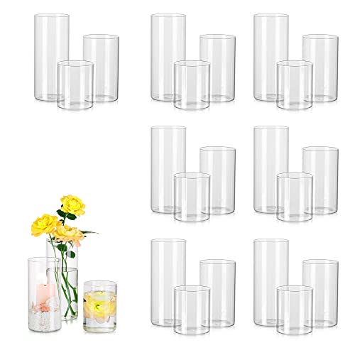 Glass Cylinder Vases Set of 24, Hewory Tall Clear Vase for Centerpieces, Glass Hurricane Candle Holders for Pillar Floating Candles, Round Vases for Wedding Events Table Decor, 2.6” in Diameter - size: D2.6"x H3.9" + D2.6"x H5.9" + D2.6"x H7.9"