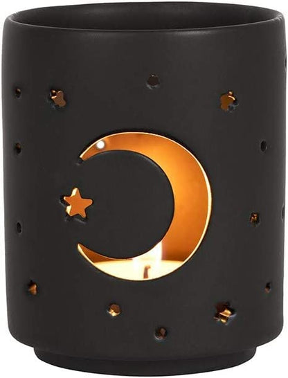 Ebros Gift Wicca Triple Goddess Witchcraft Mystical Moon and Stars Matte Black Ceramic Cutout Votive Tea Light Candle Holder Figurine Ossuary Macabre Psychic Halloween Decor Sculpture