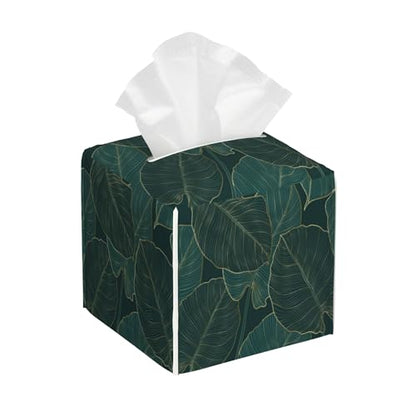 Tropical Green Leaves Tissue Box Cover Square, Golden Line Art Tissue Box Holder with Bottom Belt Leather Facial Paper Organizer Dispenser for Bathroom Bedroom Dresser Night Stand Tabletop - color: Tropical Green Leaves