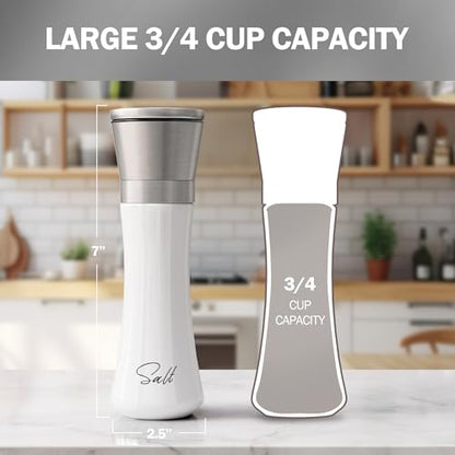 HOME EC Stainless Steel Salt and Pepper Grinder Set of 2 - Adjustable Ceramic Sea Salt Grinder & Pepper Grinder - Glass Salt and Pepper Shakers - Pepper Mill & Salt Mill W/Funnel - Black and White - color: Black/White Glass, size: 2pk