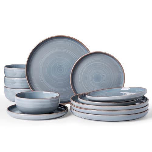 Famiware Meteor 12-Piece Stoneware Dinnerware Set, Blue Gray | Plates and Bowls for 4, Reactive Glaze with Speckles & Circles, Microwave/Dishwasher Safe, Chip/Scratch Resistant - color: Blue Gray, size: Service for 4 (Standard Dinner Set)