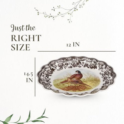 Spode Woodland Oval Fluted Serving Dish - Pheasant, Brown & White | 14.5" Durable Fine Porcelain Serving Platter, Elegant Dish for Roasts, Vegetables, Appetizers, Desserts & Everyday Dining
