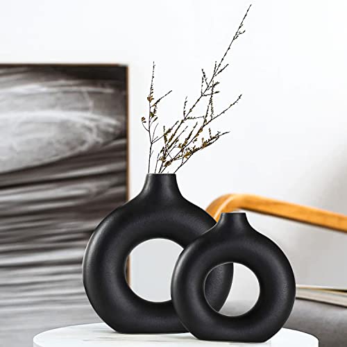 Black Ceramic Vase Set of 2 for Modern Boho Decor,Round Matte Pampas Flower Vases Minimalist Nordic Boho Ins Style for Wedding Dinner Table Party Living Room Office Bedroom, Decorative Gift - color: Black, size: Big + Super Big