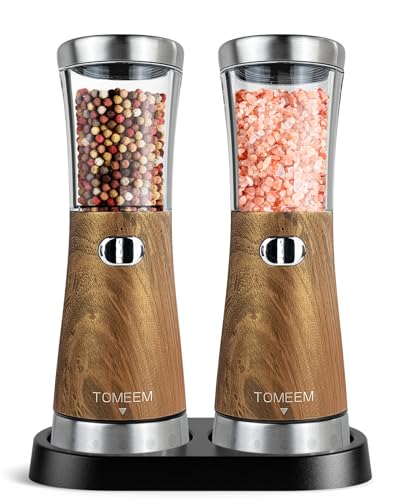 Electric Salt and Pepper Grinder Set with Storage Base, Stainless Steel Rechargeable Salt and Pepper Grinder Set with 4.5 oz Large Capacity, 1.8" Wide Mouth, Adjustable Coarseness, Ideal for Kitchen - color: Dark Wood Grain