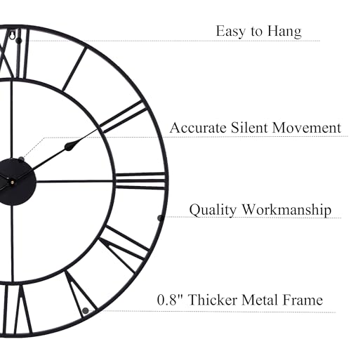 30 Inch Wall Clock for Living Room Decor, Black Roman Numeral | Silent Non Ticking, Battery Operated, Durable Metal Wall Clock for Dinning Room,Entryway,Home Office & Fireplace Decor