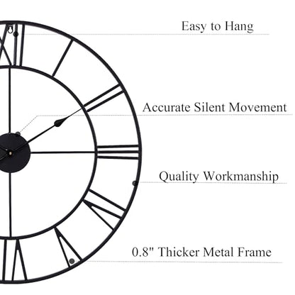 30 Inch Wall Clock for Living Room Decor, Black Roman Numeral | Silent Non Ticking, Battery Operated, Durable Metal Wall Clock for Dinning Room,Entryway,Home Office & Fireplace Decor