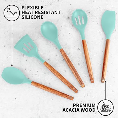 Zulay Kitchen 5 Piece Silicone Utensil Set | Non-Stick Silicone Cooking Utensils Set with Acacia Wood Handles - 464°F Heat Resistance Kitchen Utensils Set - Aqua - color: Sky Aqua, size: 5-Piece Set