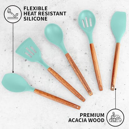 Zulay Kitchen 5 Piece Silicone Utensil Set | Non-Stick Silicone Cooking Utensils Set with Acacia Wood Handles - 464°F Heat Resistance Kitchen Utensils Set - Aqua - color: Sky Aqua, size: 5-Piece Set