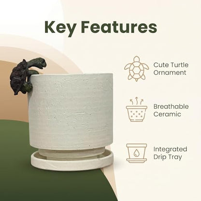 Nihow Ceramic Plant Pot with Resin Figure/Drainage Hole & Saucer,5.7 Inch | White, Cylinder Planters, Art Modem Design, Home Garden Patio Office - color: White+rt, size: 5.7 Inch