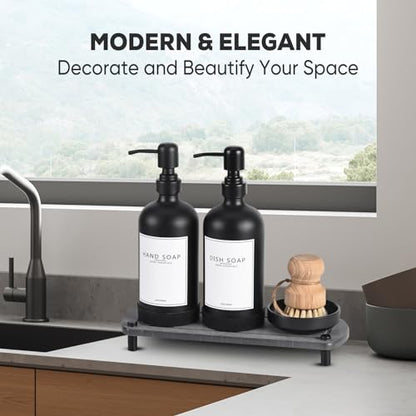 Kitchen Soap Dispenser Set with Instant Dry Tray,16 Oz Hand and Dish Soap Black Glass Dispenser Set,Stainless Steel Pump,Waterproof Labels&Dish Brush,Luxury Soap Bottle for Kitchen,Bathroom - color: Black Bottle+black Pump