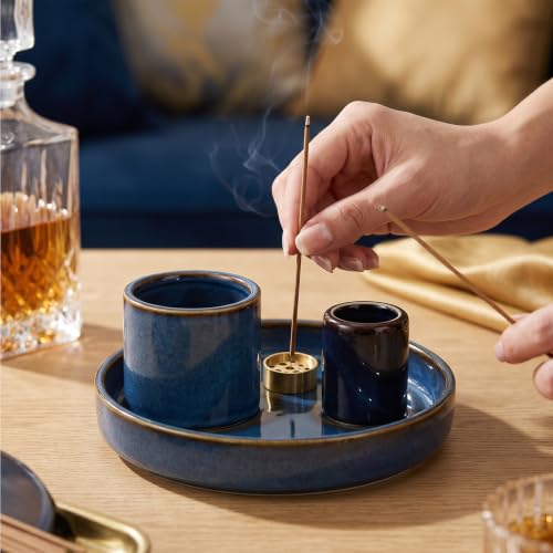 4 in 1 Ceramic Incense Holder, Multi-Function Incense Stick Palo Santo Sage Burner, Ash Catcher Tray for Meditation Yoga Room, Blue, 4.25 Inch