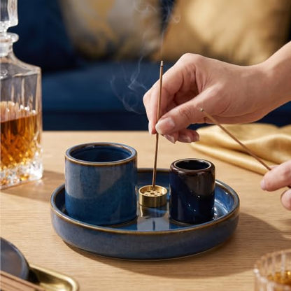 4 in 1 Ceramic Incense Holder, Multi-Function Incense Stick Palo Santo Sage Burner, Ash Catcher Tray for Meditation Yoga Room, Blue, 4.25 Inch