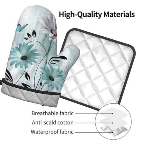 Giwawa Daisy Floral Oven Mitts and Pot Holder Set of 2 Teal White Flower Heat Resistant Kitchen Mitts Potholders Washable for Cooking Grilling BBQ - color: Daisy Floral