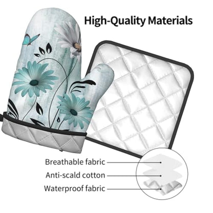 Giwawa Daisy Floral Oven Mitts and Pot Holder Set of 2 Teal White Flower Heat Resistant Kitchen Mitts Potholders Washable for Cooking Grilling BBQ - color: Daisy Floral