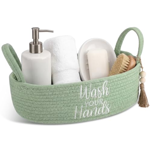 Wash Your Hands Bathroom Decoration Green Cotton Rope Toilet Basket Toilet Paper Holder Basket Rustic Bathroom Organizer Farmhouse Home Decoration Organizing Small Baskets - color: Sage Green, style: Wash Your Hands