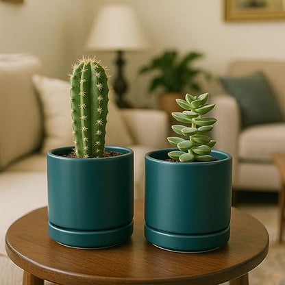 D'vine Dev 4-Pack Ceramic Pots with Saucers, Teal, 4.7 in, 94-X-B-9 | Glazed Ceramic, Drainage Hole and Saucer, Sleek Cylinder Shape, High Temperature Fired, Ideal for Small Houseplants - color: Teal, size: 4.7 Inch