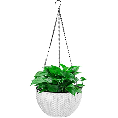 Foraineam 2-Pack Dual-pots Design Hanging Basket Planters Self-Watering Indoor Outdoor Plant & Flower Hanging Pots with Drainer and Chain, 2 Size Assorted (White)