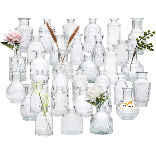 Glass Bud Vases Set of 32, Small Flower Vases for Wedding Centerpieces | Clear Vintage Embossed Mini vases Table Decorations, Flower Arrangements in Vases for Party or Home Decor