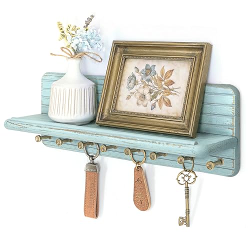 Rebee Vision Key Holder Wall Mount with 8 Key Hooks for Home Decor, Blue | Pine Wood, Key Holder for Wall, Round Corner, Floating Shelf, Key Hanger for Wallets, Mail Sorter, Neat Office Essentials - color: Blue