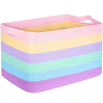 22in Extra Large Blanket Basket Holder Living Room, Rectangle Rope Woven Storage Basket with Handles for Laundry, Pool Towels, and Shoes, Dog Toy Organizer Bin Box, Pastel Rainbow