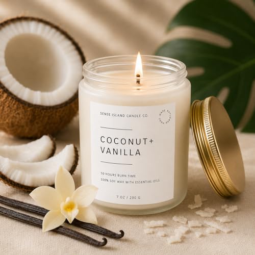 Coconut Vanilla Scented Candle– 7oz Soy Wax | Coconut and Vanilla Cozy Sensual Aroma | Long Lasting Highly Scented Candle for Women | Warm Gourmand Fragrance | Gift for Her, Bedroom or Bath - color: Coconut Vanilla