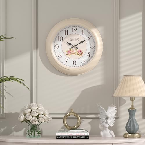 Abdurey Sweet French Decorative Wall Clock,Creamy White Rose Style | Battery Operated Silent Decor Wall Clocks for Living Room, farmhouse, Bedroom, Bathroom, Dining Room 11.5"
