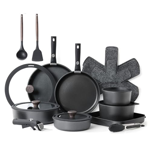 SENSARTE 24 Piece Nonstick Detachable Handle Pots and Pans Set Black | Removable Handle Cookware Set, Induction Cookware Set with Removable Handle, Healthy Non Stick for RV, Dishwasher ＆ Oven Safe - color: Black, size: 24 Piece