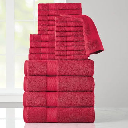 24-Piece Set of Towels, Lightweight 380 GSM Cotton Towels, Quick Drying, Absorbent Hand Towels, Fingertip Towels, Bath Towels, & Washcloths, Red - color: Red