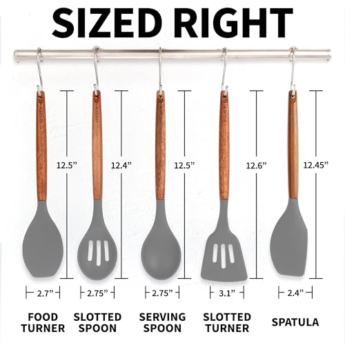 Zulay Kitchen 5 Piece Silicone Utensil Set | Non-Stick Silicone Cooking Utensils Set with Acacia Wood Handles - 464°F Heat Resistance Kitchen Utensils Set - Gray - color: Elegant Grey, size: 5-Piece Set