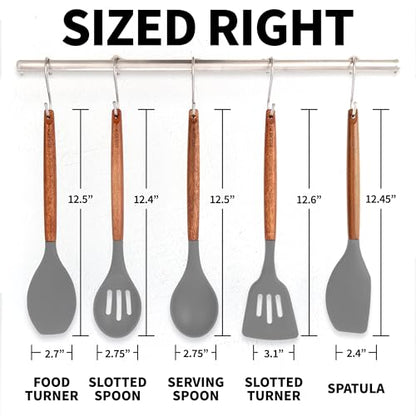Zulay Kitchen 5 Piece Silicone Utensil Set | Non-Stick Silicone Cooking Utensils Set with Acacia Wood Handles - 464°F Heat Resistance Kitchen Utensils Set - Gray - color: Elegant Grey, size: 5-Piece Set
