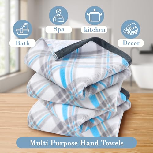 VOOVA & MOVAS Checkered Kitchen & Bathroom Towels 4PC 15"x25", 100% Cotton | 400GSM Light & Fluffy, Soft Touch, High Absorbency, Trendy Blue and Gray Plaid, Dual Kitchen and Bathroom Application - color: Blue + Gray, size: 4PC Hand Towels