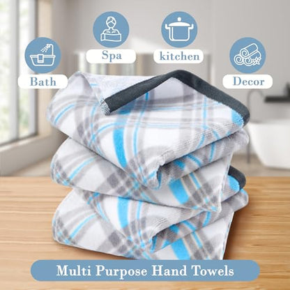 VOOVA & MOVAS Checkered Kitchen & Bathroom Towels 4PC 15"x25", 100% Cotton | 400GSM Light & Fluffy, Soft Touch, High Absorbency, Trendy Blue and Gray Plaid, Dual Kitchen and Bathroom Application - color: Blue + Gray, size: 4PC Hand Towels