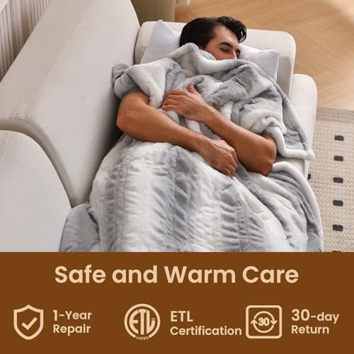Bearhug Heated Blanket 6 Heat Settings Electric Blanket, 4-Hour Auto Shut-Off, Luxurious Faux Fur & Sherpa Dual-Sided Heated Throw, Machine Washable, 50 x 60 Inches, Gift-Ready Elegant Packaging - color: Silver Shade Gradient Stripe, size: Throw 50" x 60"