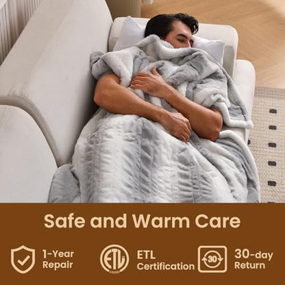 Bearhug Heated Blanket 6 Heat Settings Electric Blanket, 4-Hour Auto Shut-Off, Luxurious Faux Fur & Sherpa Dual-Sided Heated Throw, Machine Washable, 50 x 60 Inches, Gift-Ready Elegant Packaging - color: Silver Shade Gradient Stripe, size: Throw 50" x 60"