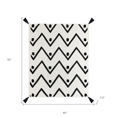 50" X 60" Black and White Woven Cotton Chevron Throw Blanket with Tassels
