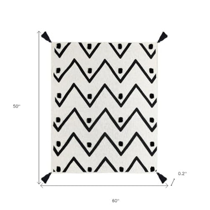 50" X 60" Black and White Woven Cotton Chevron Throw Blanket with Tassels