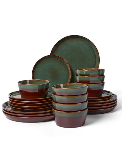 Plates and Bowls Sets for 8, Ceramic Dinnerware Sets, Kitchen Dish Set, Microwave & Dishwasher Safe Dishware, Highly Durable Handcrafted Dinner Set, Brown Green - color: Brown Green, size: Service for 8-24Pcs