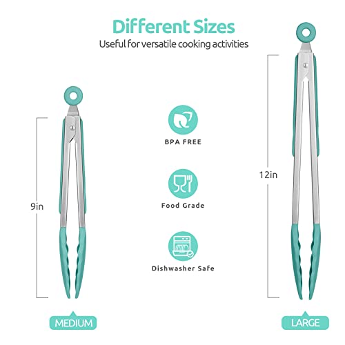 U-Taste 600ºF Silicone Spoon Set 13.3in Solid Slotted 2PCS & Spatula Set Heat Resistant & 600ºF Tongs Set 9 12inch Nonstick Stainless Handle(Aqua Sky)