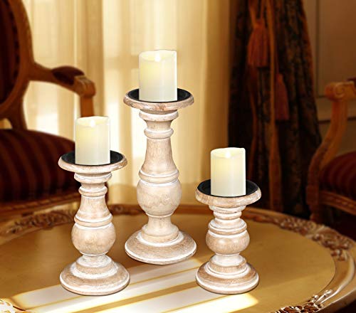 White Wash Candle Holder Set of 3 – 10", 8", 6" Rustic Pillar Stands – Turned Wood Columns for Home Decor, Weddings, Spa, Parties – Country Farmhouse Style - color: White Wash, size: 6"+8"+10" - High