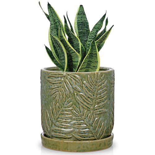 GnFlus 5.5 Inch Ceramic Planter Pots with Drainage Holes, Saucers for Indoor-Outdoor Plants, Succulent Orchid Flower Large Round Plant Pot Green - color: Green