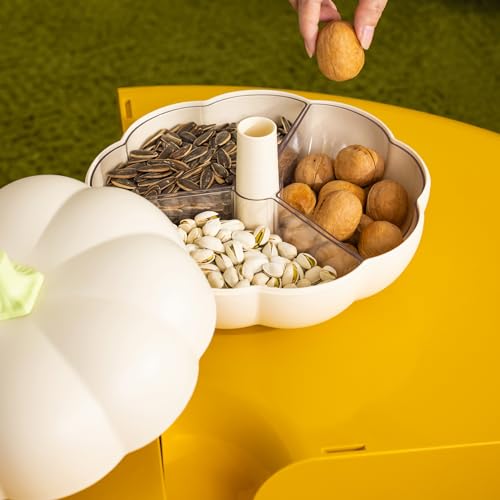 SKEPPY Divided Serving Tray with lid, Pumpkin snackle box container with 3 Compartments, Candy and Nut Serving Container for fruits, nuts, candies, and christmas snacks, White