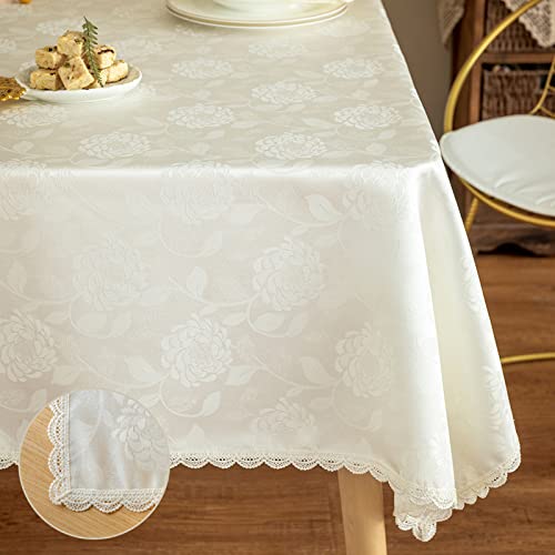GLORY SEASON Textured Tablecloth Waterproof Spillproof Lace Trim Rectangle Damask Fabric Table Cloth for Wedding Kitchen Dinning Tabletop Decoration,Oblong Table Cover 55 x 86 Inch, Ivory White - size: 86" x 55" (Rectangular)